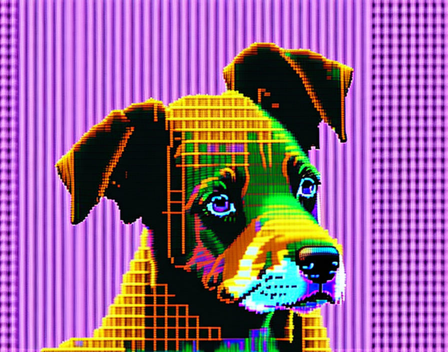 Multicolored Pixelated Dog Art on Striped Purple Background