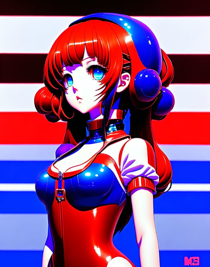 Red-haired anime character in latex suit with futuristic headphones on striped background