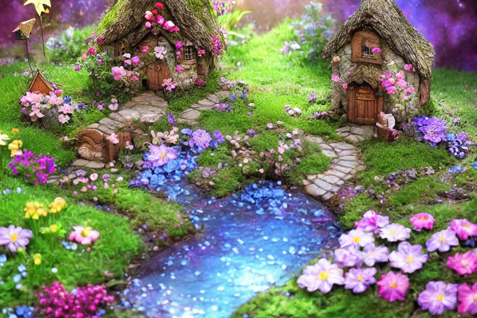 Miniature Thatched Fairy Houses in Vibrant Flower Village