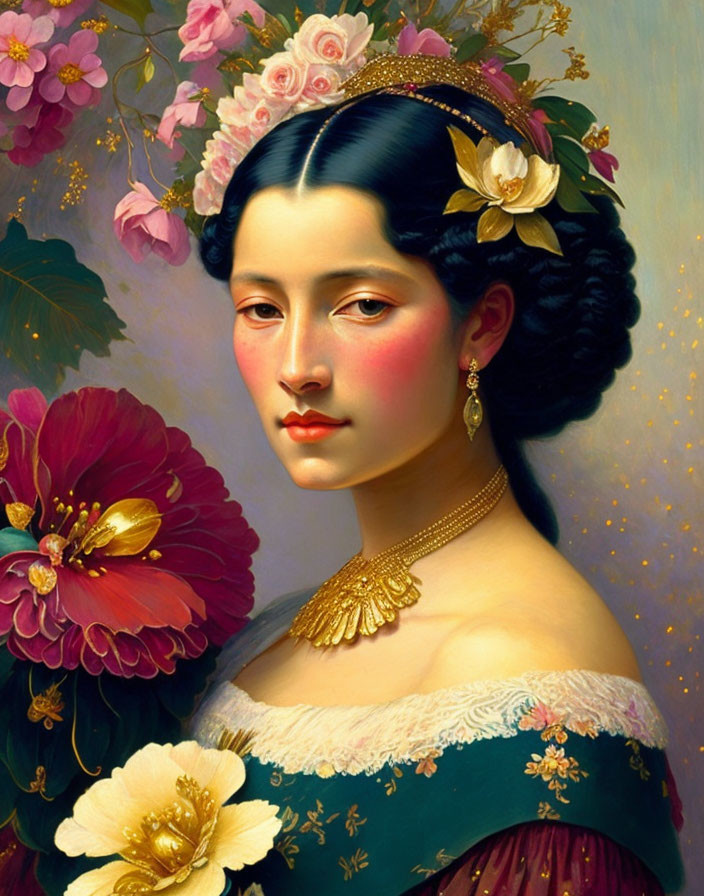 Digital painting of woman with floral hair, rosy cheeks, and gold jewelry in flower-filled setting