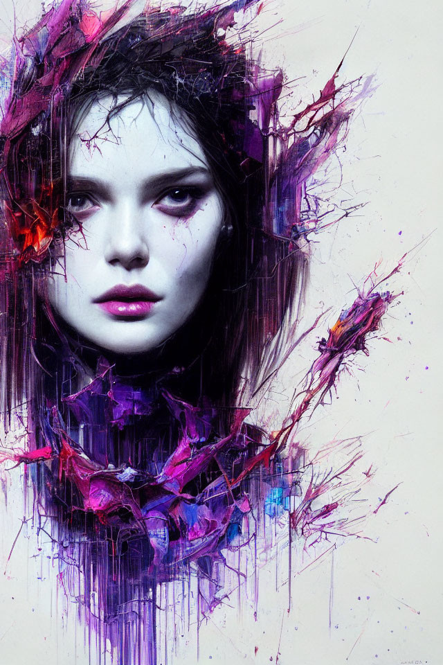 Vibrant digital artwork: Woman's face in abstract purple splashes