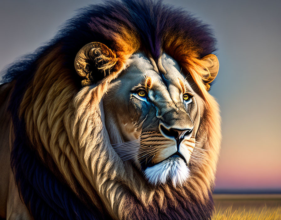 Majestic lion with vibrant mane in savanna at dusk