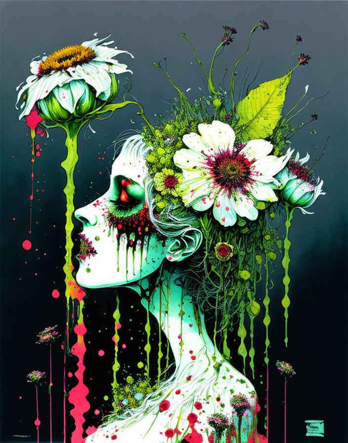 Colorful artwork of a woman with floral elements and dripping paint