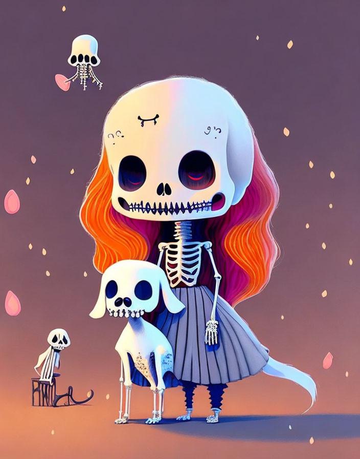 Stylized skeletal characters in dress with dog skeleton, flying skulls on purple backdrop