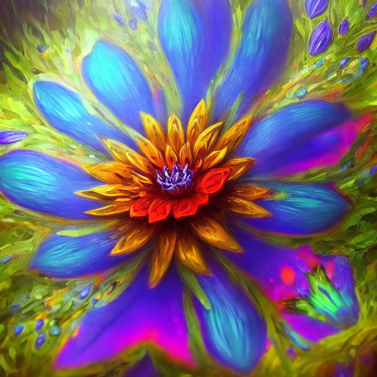 Colorful Flower Painting with Purple and Blue Petals on Textured Green and Yellow Background