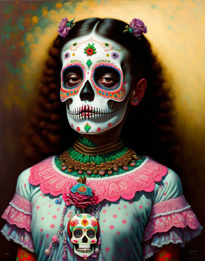 Person with Skeleton Makeup in Traditional Mexican Attire for Dia de los Muertos