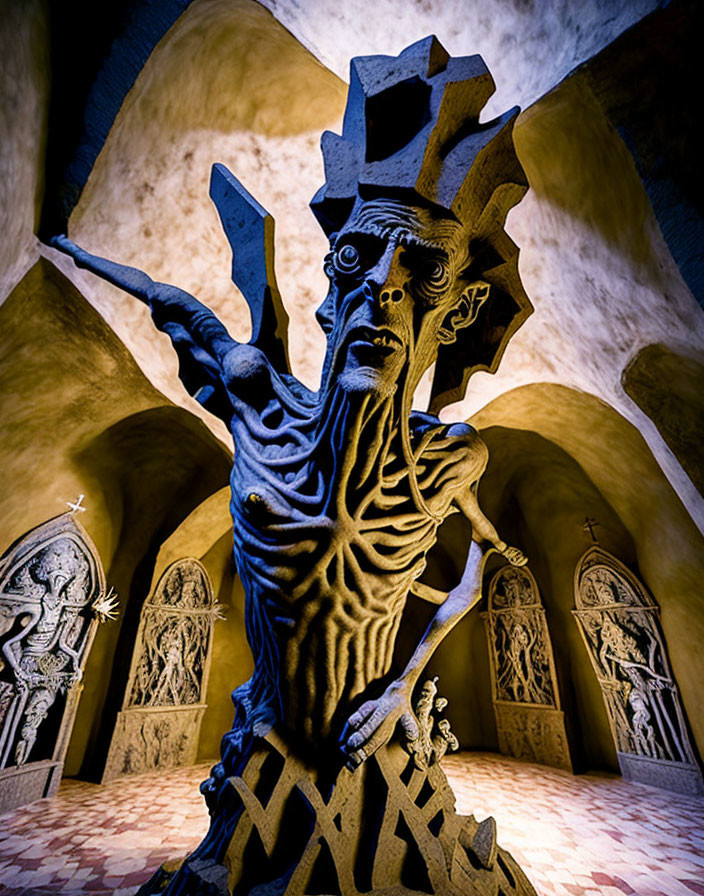 Gothic sculpture with elongated limbs and dramatic features among architectural elements