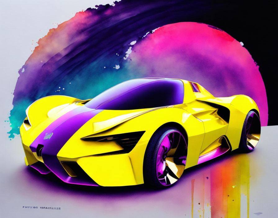 Colorful Digital Art: Yellow Sports Car on Abstract Background