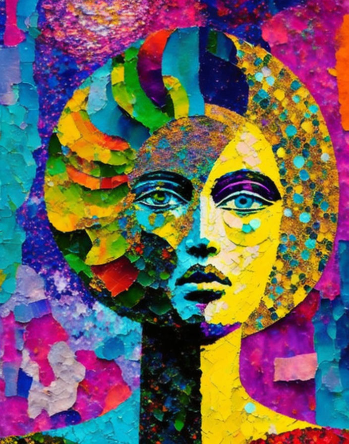 Colorful Abstract Mosaic Portrait with Central Figure and Rainbow Headdress