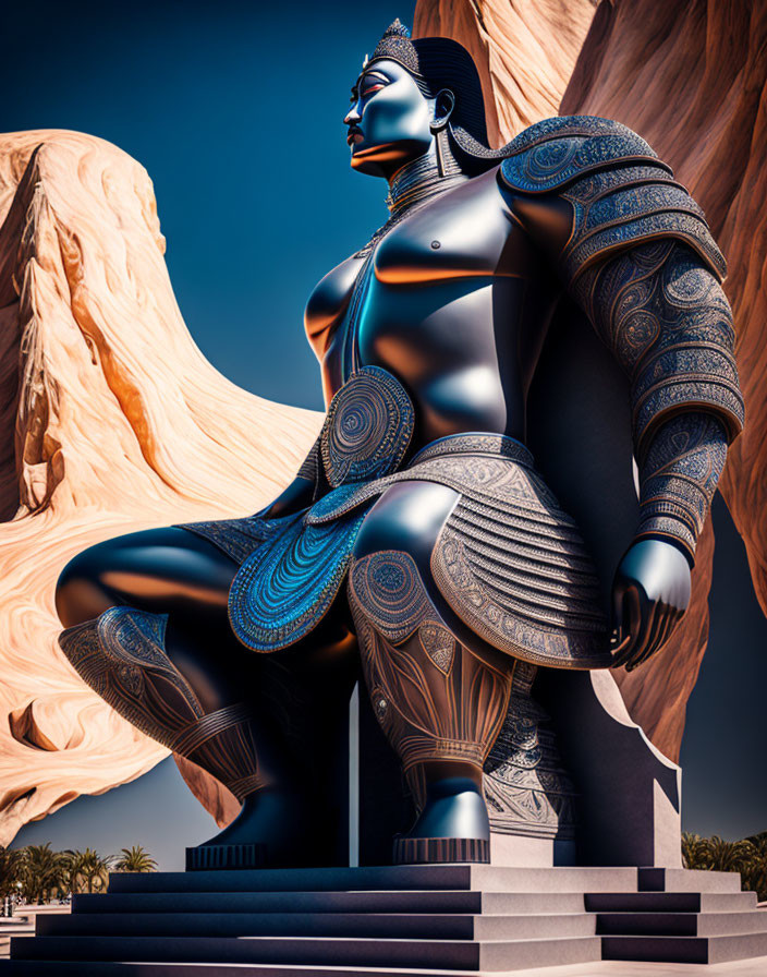 Intricate ornate statue in desert landscape under clear blue sky