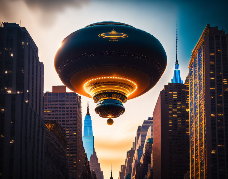 Large UFO over cityscape at sunset with silhouetted skyscrapers