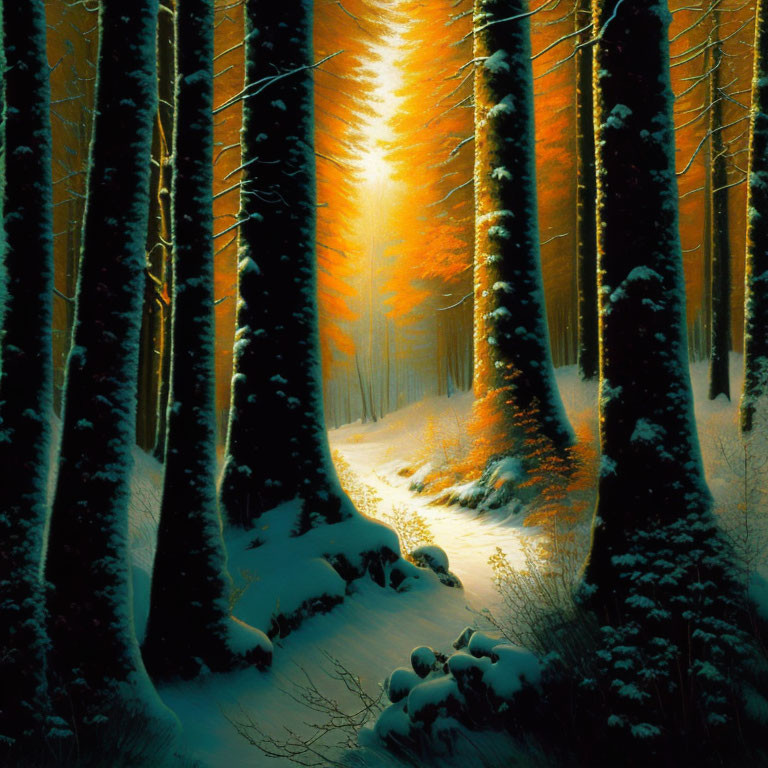 Snow-covered winter forest with towering pine trees and warm glowing light