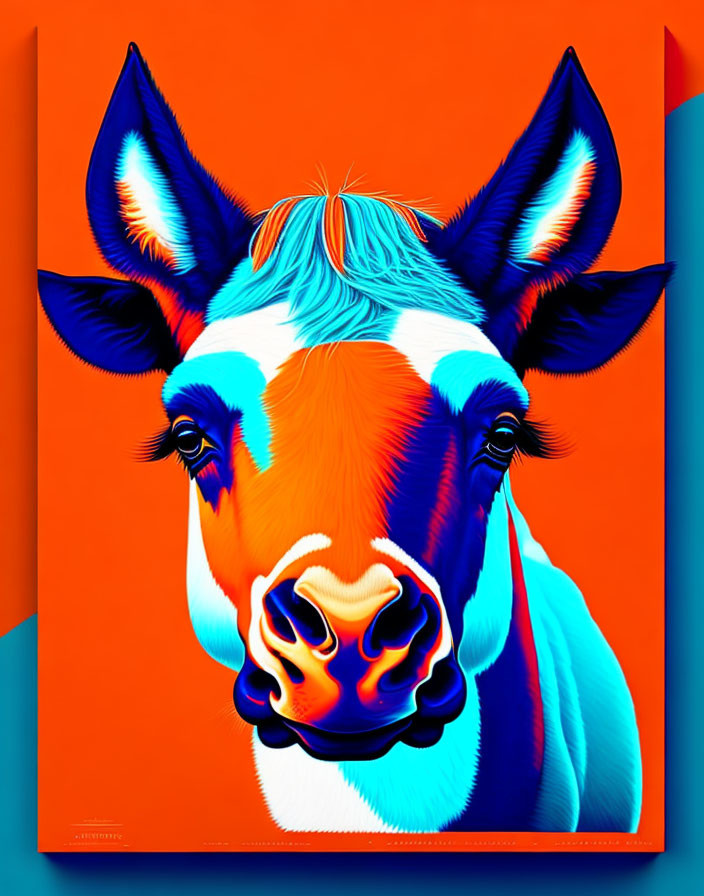 Colorful digital artwork: Cow's head with exaggerated features in neon pop-art style palette on orange background