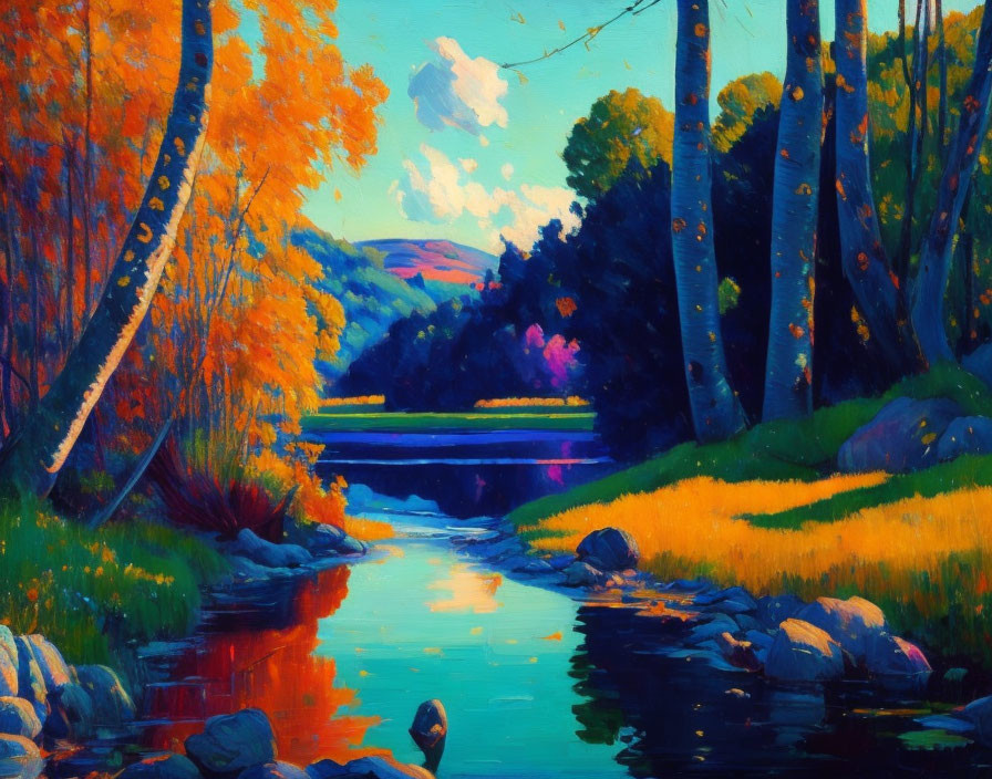 Autumn landscape painting of a serene river with colorful trees reflecting in water