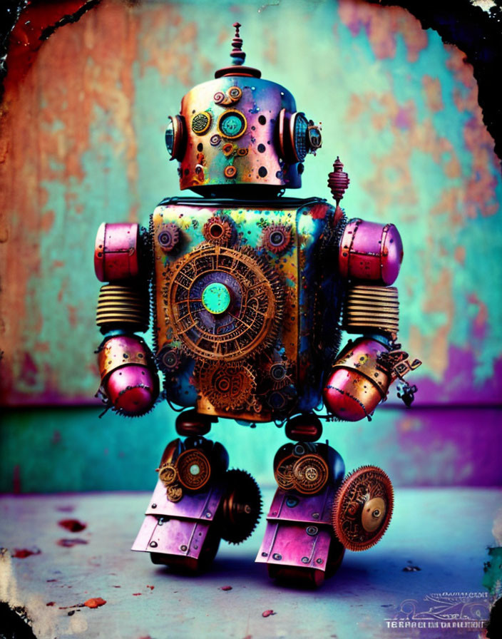 Colorful Vintage-Style Robot with Gears on Distressed Background