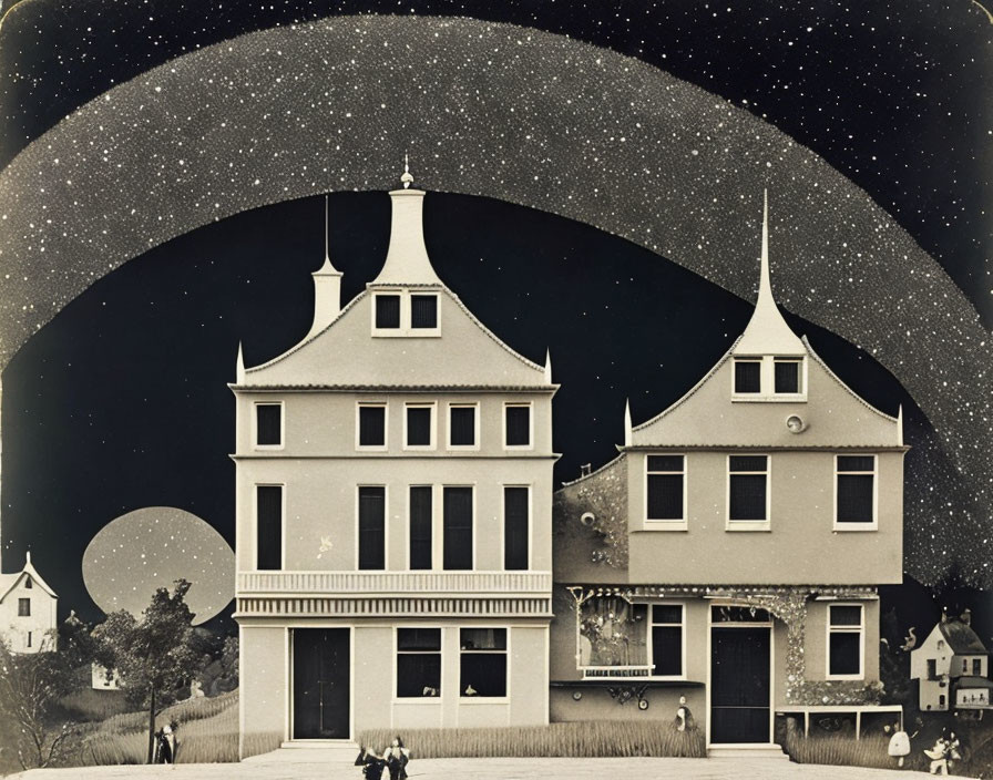 Ornate houses under crescent moon and stars in vintage style