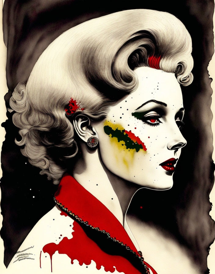 Vintage Style Woman Illustration with Red Lips and Colorful Tear