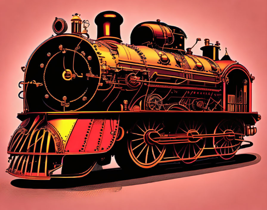 Detailed steam locomotive on pink background.