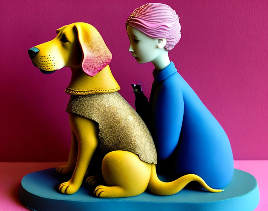 Stylized girl in blue dress with yellow dog on pink background