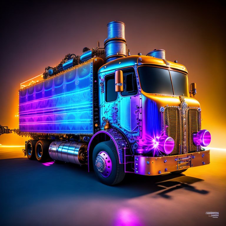 Futuristic semi-truck with neon lights on orange background