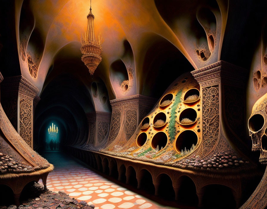 Intricate underground chamber with arched alcoves and glowing ambiance