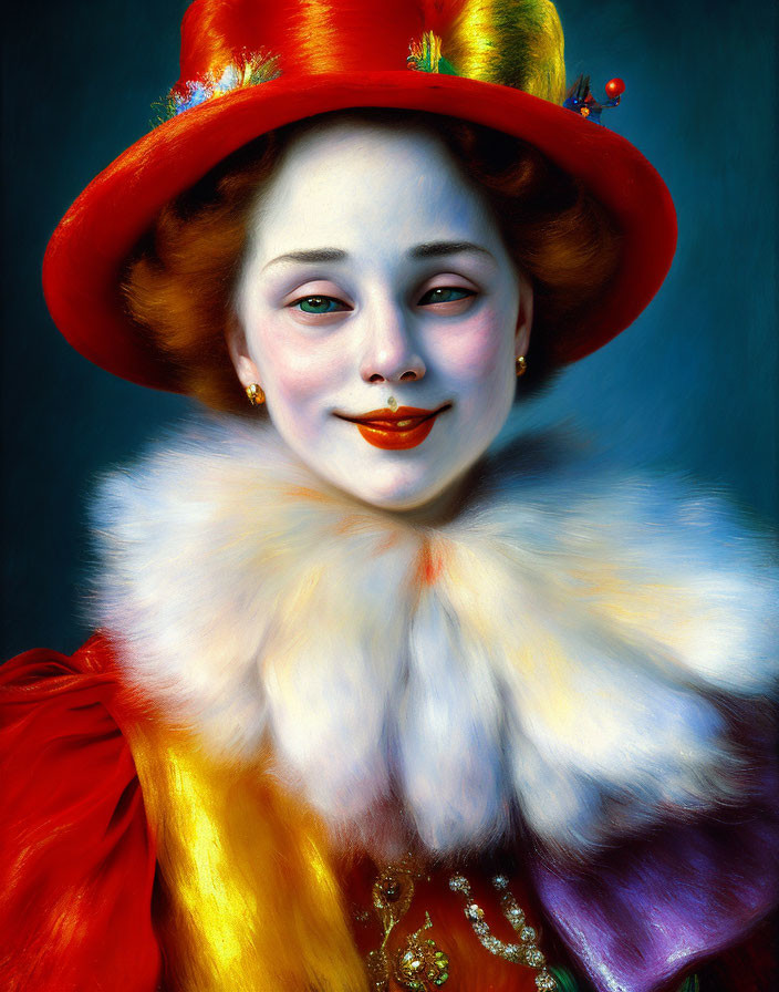 Portrait of Woman in Red Hat with Feathers and Beads