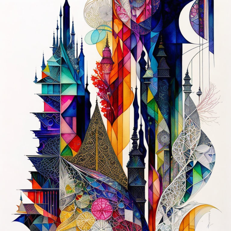 Vibrant geometric architecture art with cool-to-warm color spectrum