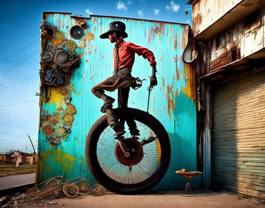 Person in Red Shirt Balancing on Monocycle in Front of Colorful Metal Wall