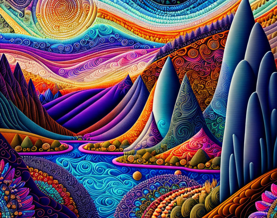 Psychedelic landscape with rolling mountains and colorful sky