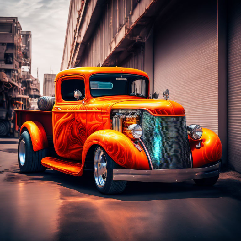 Classic Orange Hot Rod with Custom Flame Paint Job and Chrome Details on Industrial Backdrop