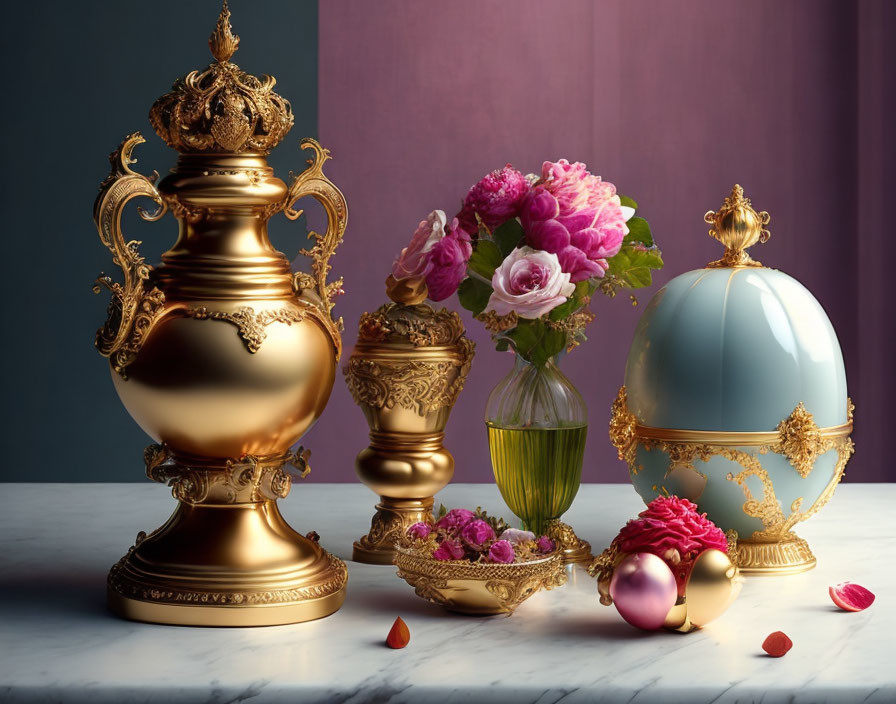 Golden vessels, urn, pink roses bouquet on marbled surface with dual-toned backdrop