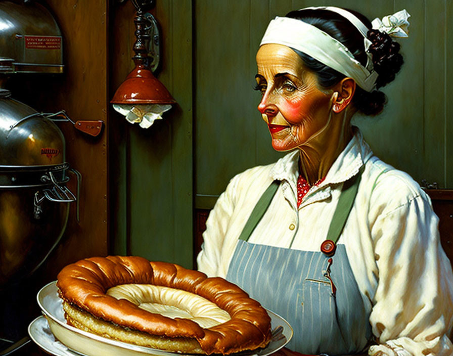 Stylized painting of woman with rosy cheeks presenting sausage plate