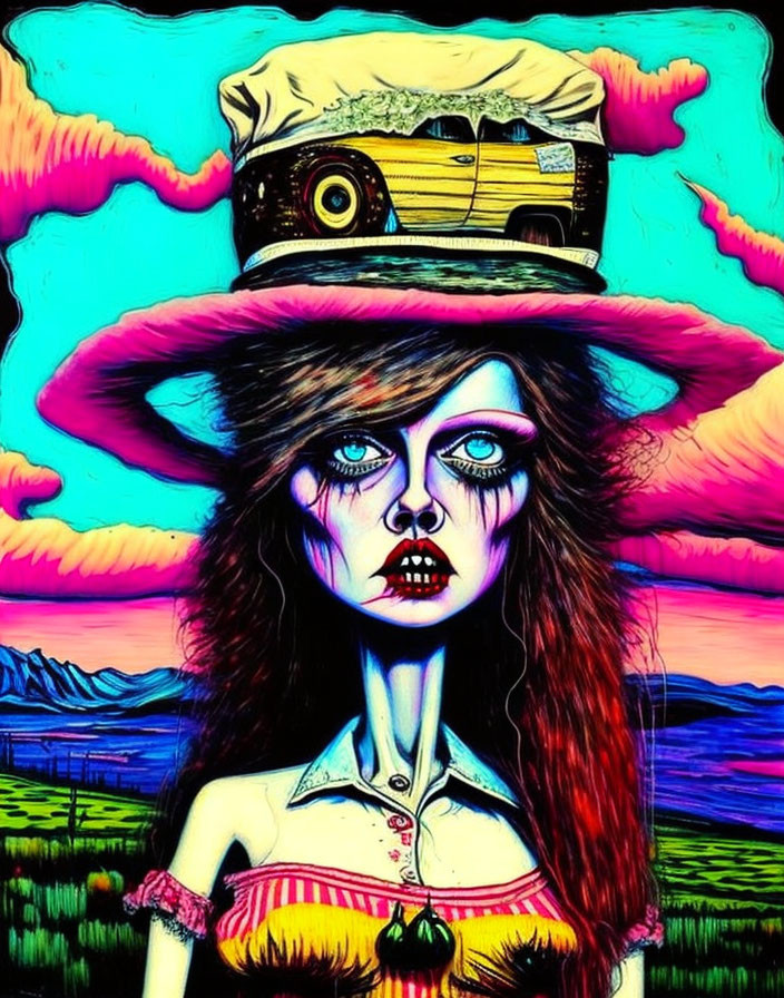 Exaggerated woman in hat with vintage car on surreal landscape