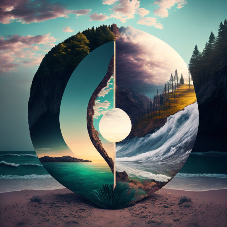 Surreal yin-yang symbol: beach and forest landscapes in harmony