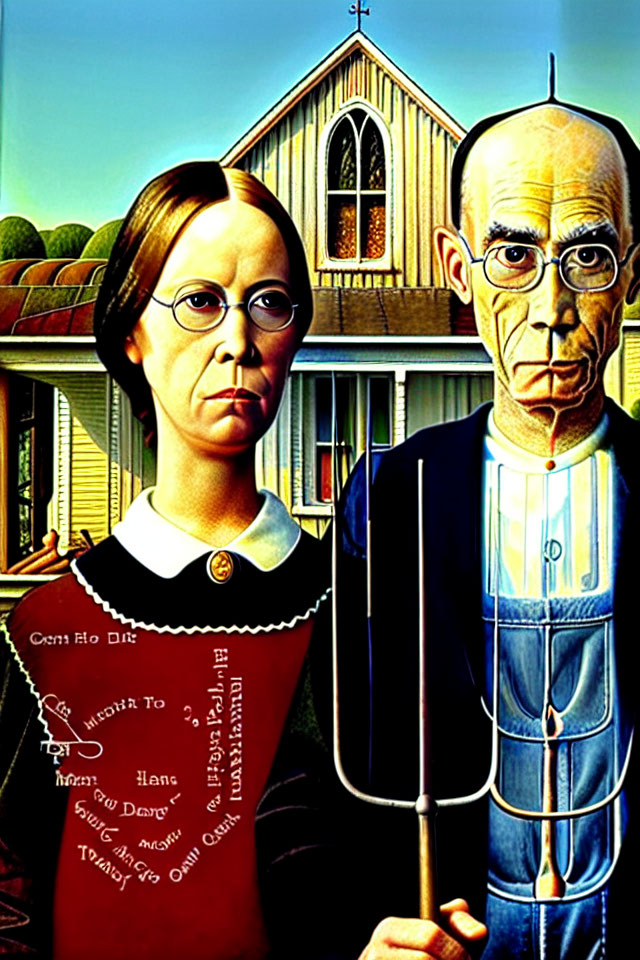 Stylized painting of stern couple with cameo brooch and pitchfork in front of Gothic window house