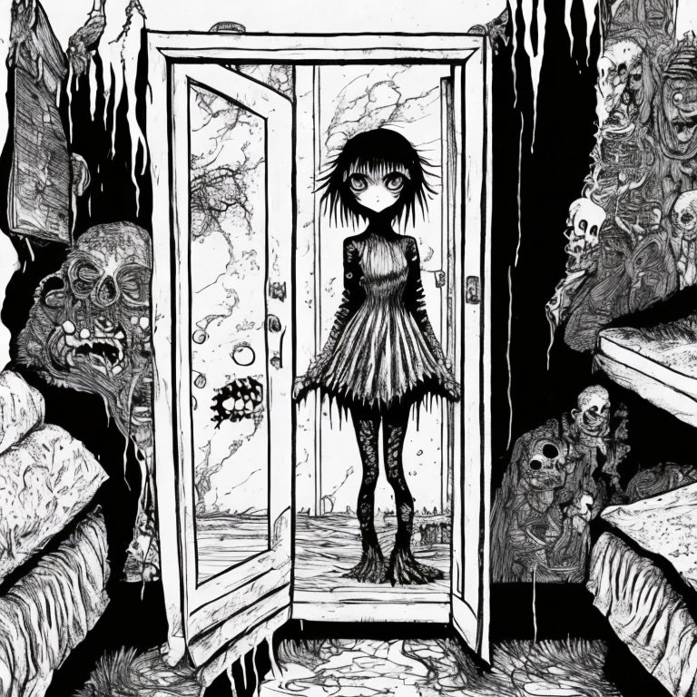 Monochrome illustration of girl in dark setting with skulls and eerie figures