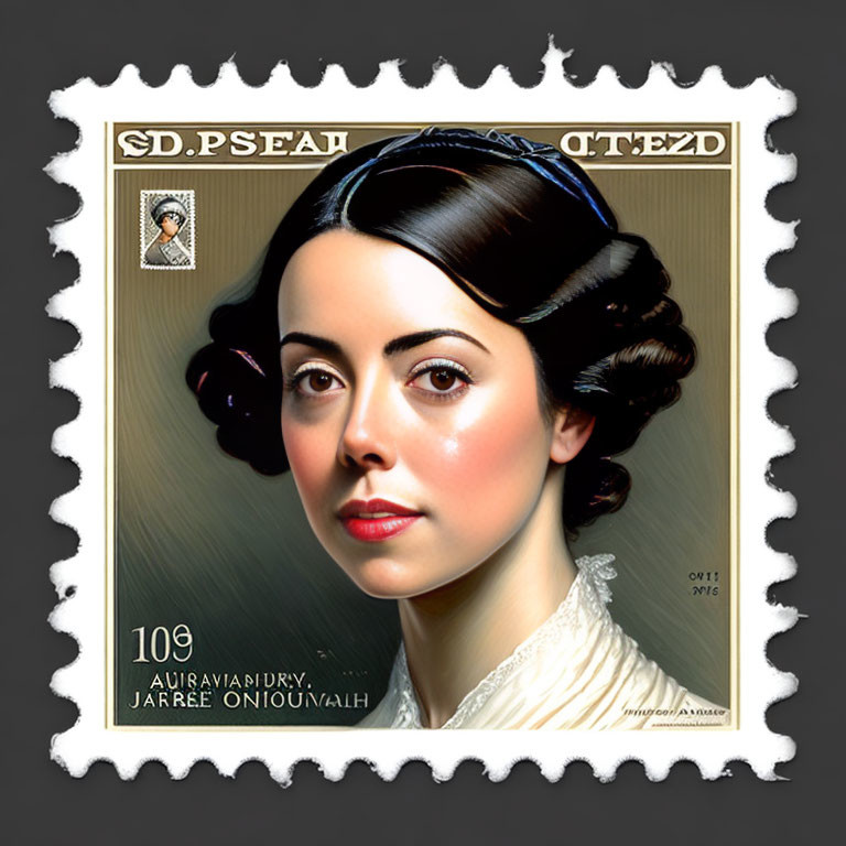 Portrait postage stamp: Woman with dark hair, pale complexion, white clothing, valued at 10£