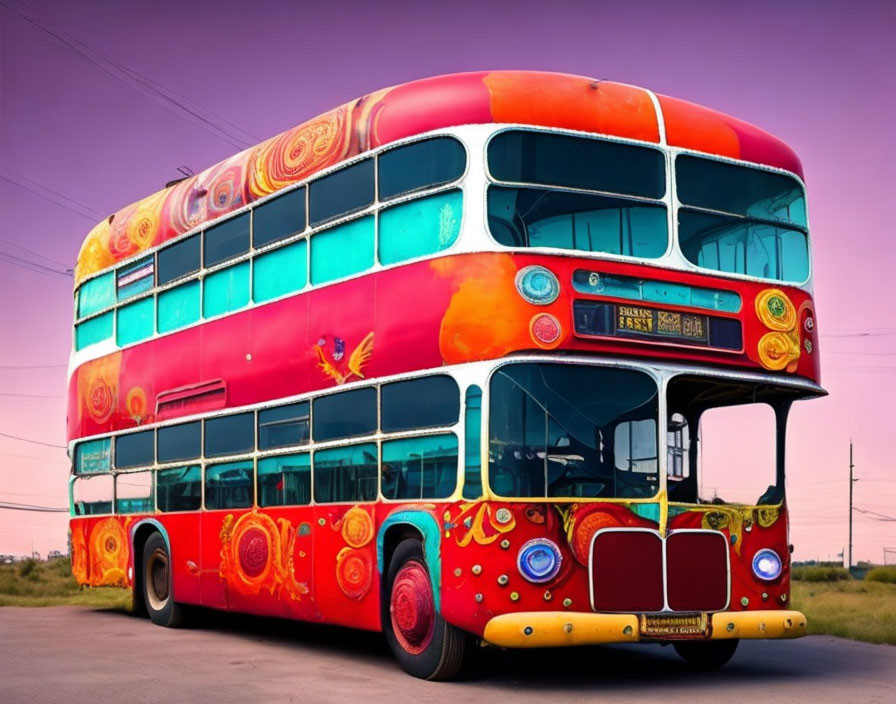 Colorful Psychedelic Double-Decker Bus at Dusk