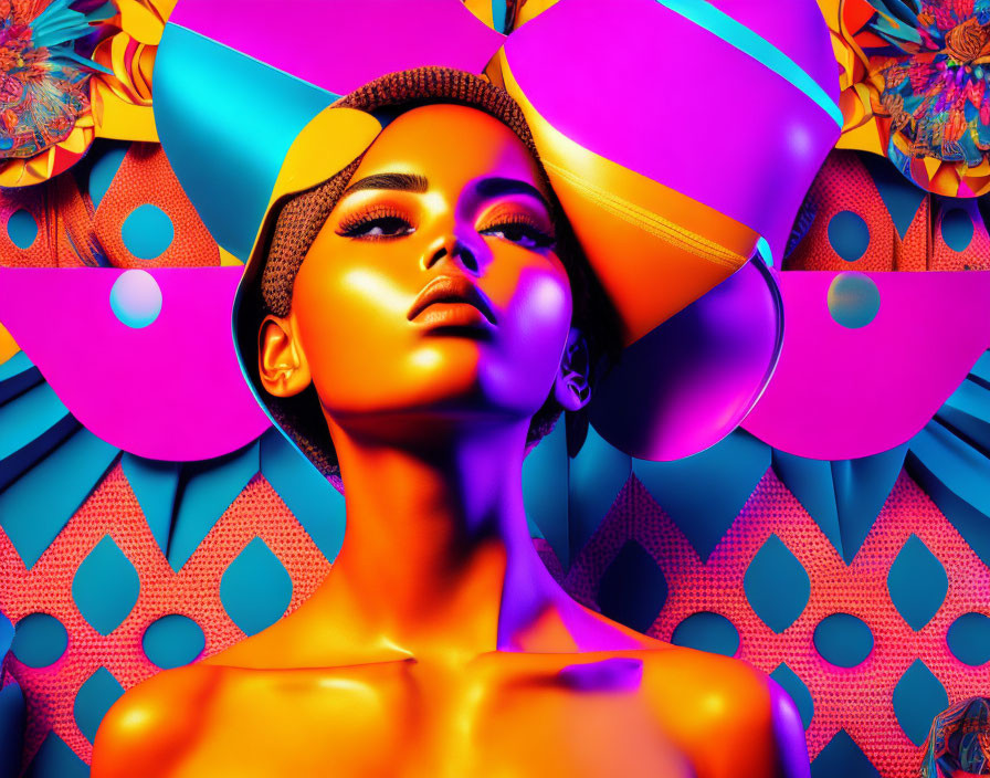 Colorful digital art portrait of a woman with glowing skin and kaleidoscopic background