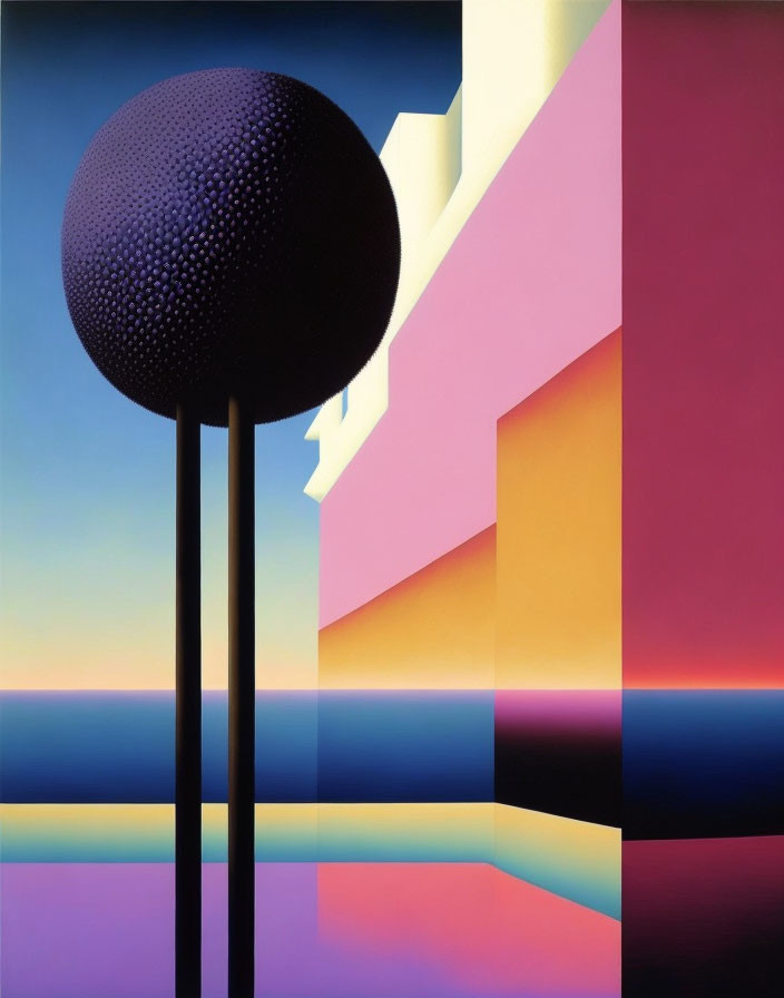 Surrealist painting with black sphere on pole and vibrant geometric landscape