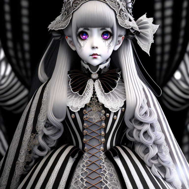 Gothic doll with purple eyes in black and white dress and bonnet