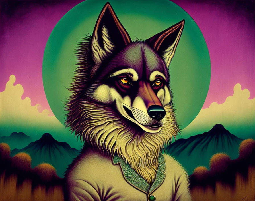 Anthropomorphic wolf in shirt with mountainous backdrop & colorful sky