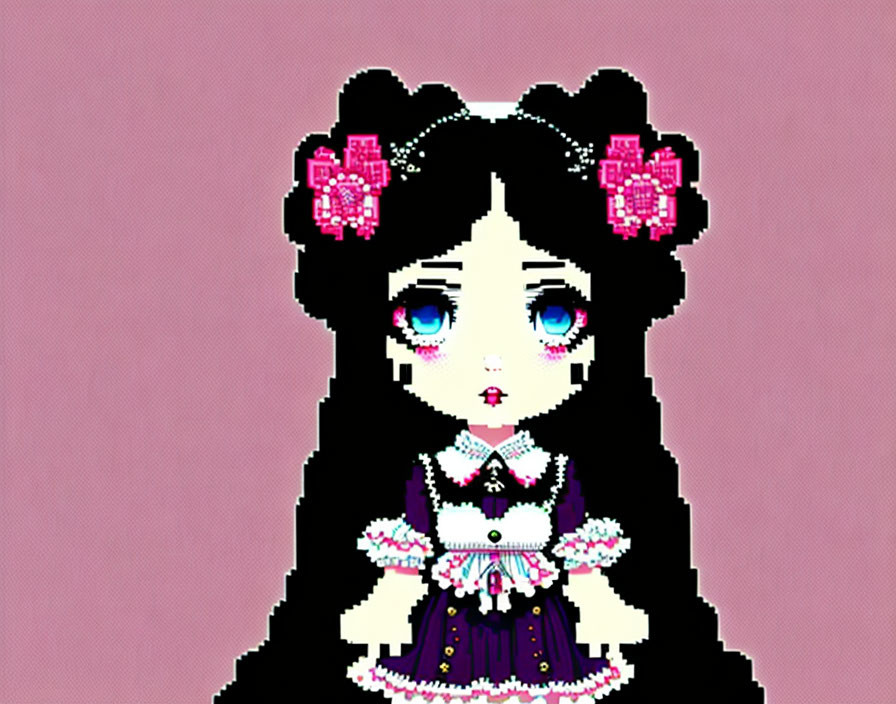 Gothic Lolita Style Pixel Art with Blue-Eyed Girl