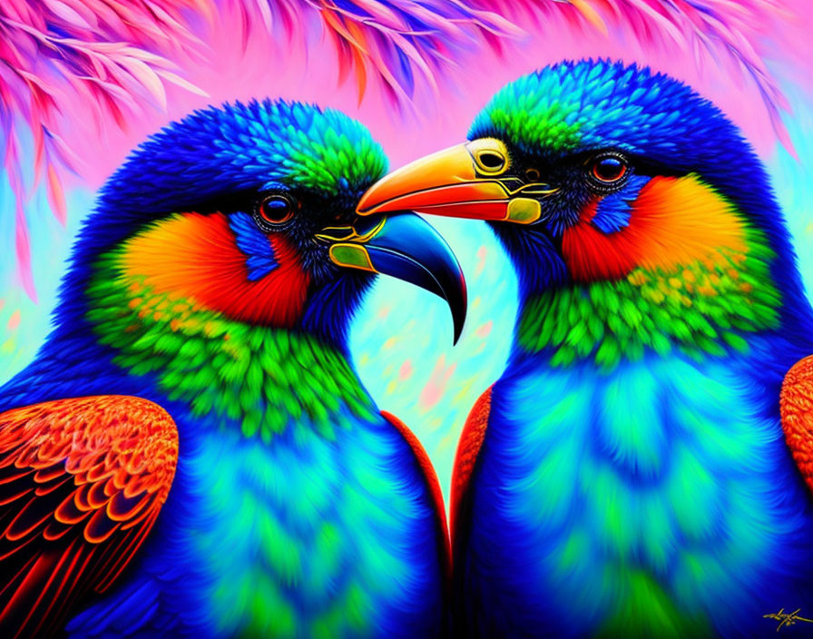 Colorful Parrots Facing Each Other on Pink and Purple Feather Background