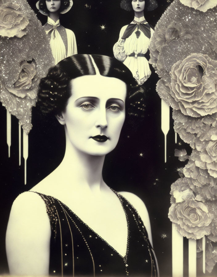 1920s style woman in black-and-white photo with stars and flowers.