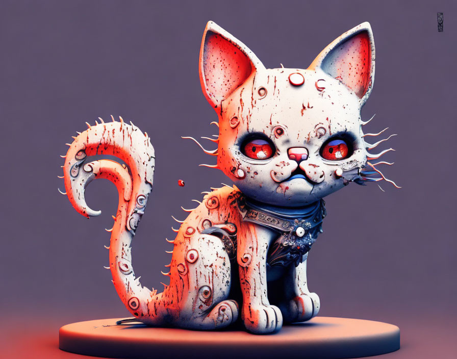 Robotic cat digital art with intricate patterns and spiked collar