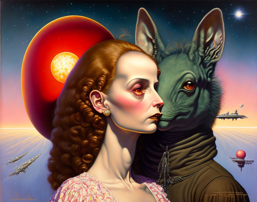 Surreal artwork: woman's face with kangaroo head in desert sunset landscape