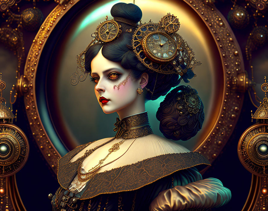 Steampunk-inspired portrait of a woman in Victorian attire with clockwork accessories and gear backdrop