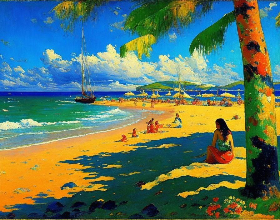 Beach scene with sunbathers, sailboat, and blue sky