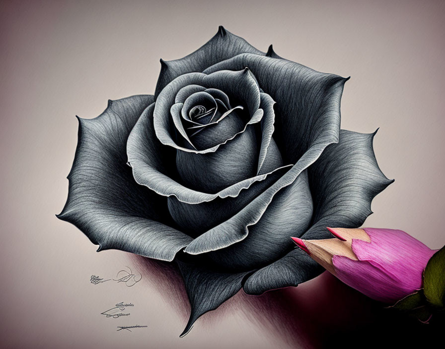 Detailed Dark Rose Illustration with Pencil Shading and Colored Stem